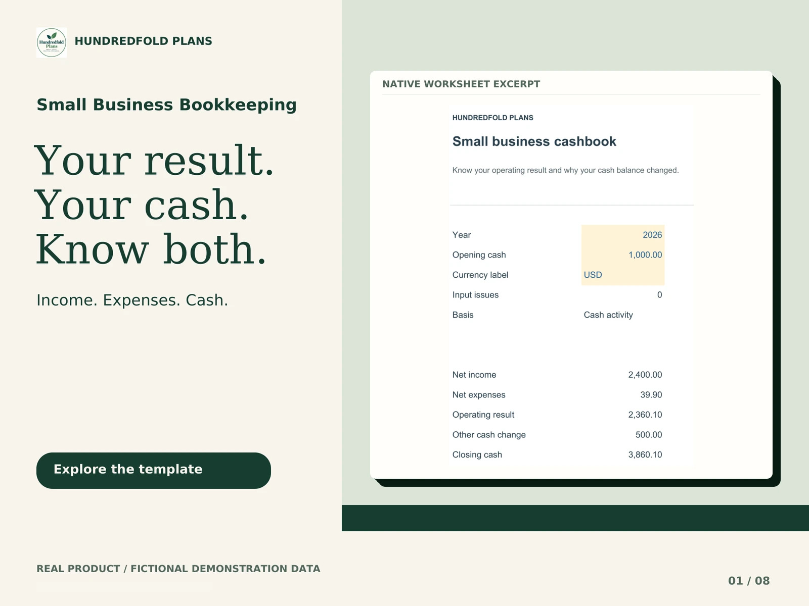Small Business Bookkeeping — Your result. Your cash. Know both. Fictional product example.