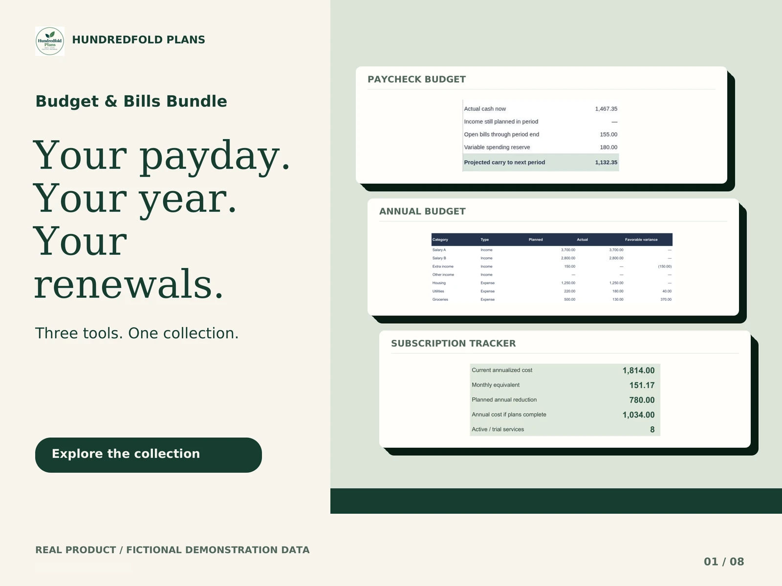Budget & Bills Bundle — Your payday. Your year. Your renewals. Fictional product example.