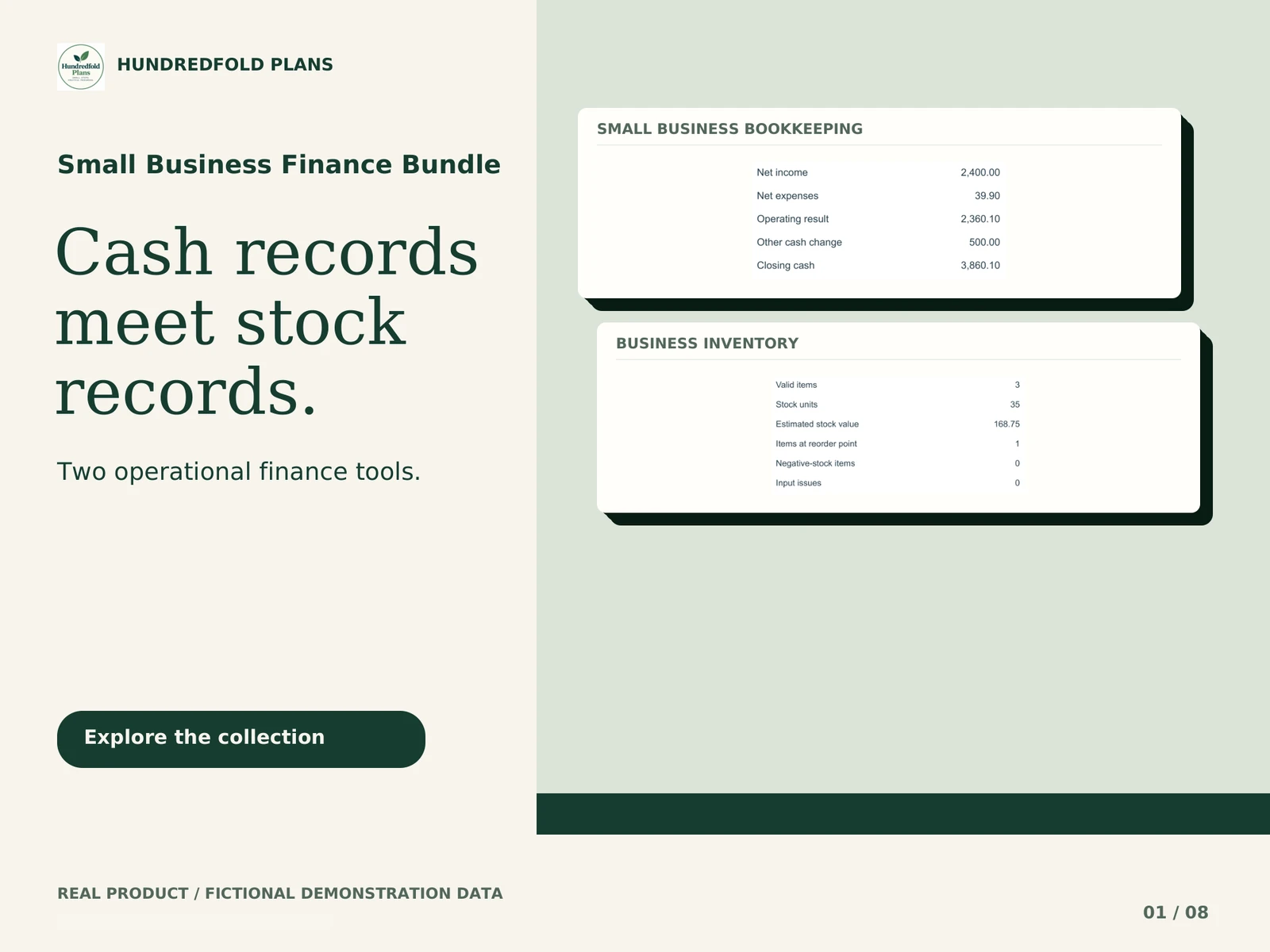 Small Business Finance Bundle — Cash records meet stock records. Fictional product example.