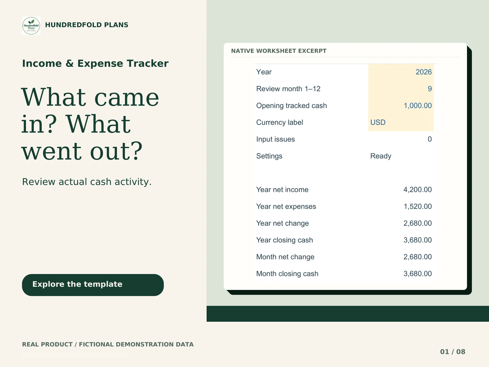 Income & Expense Tracker — What came in? What went out?. Fictional product example.