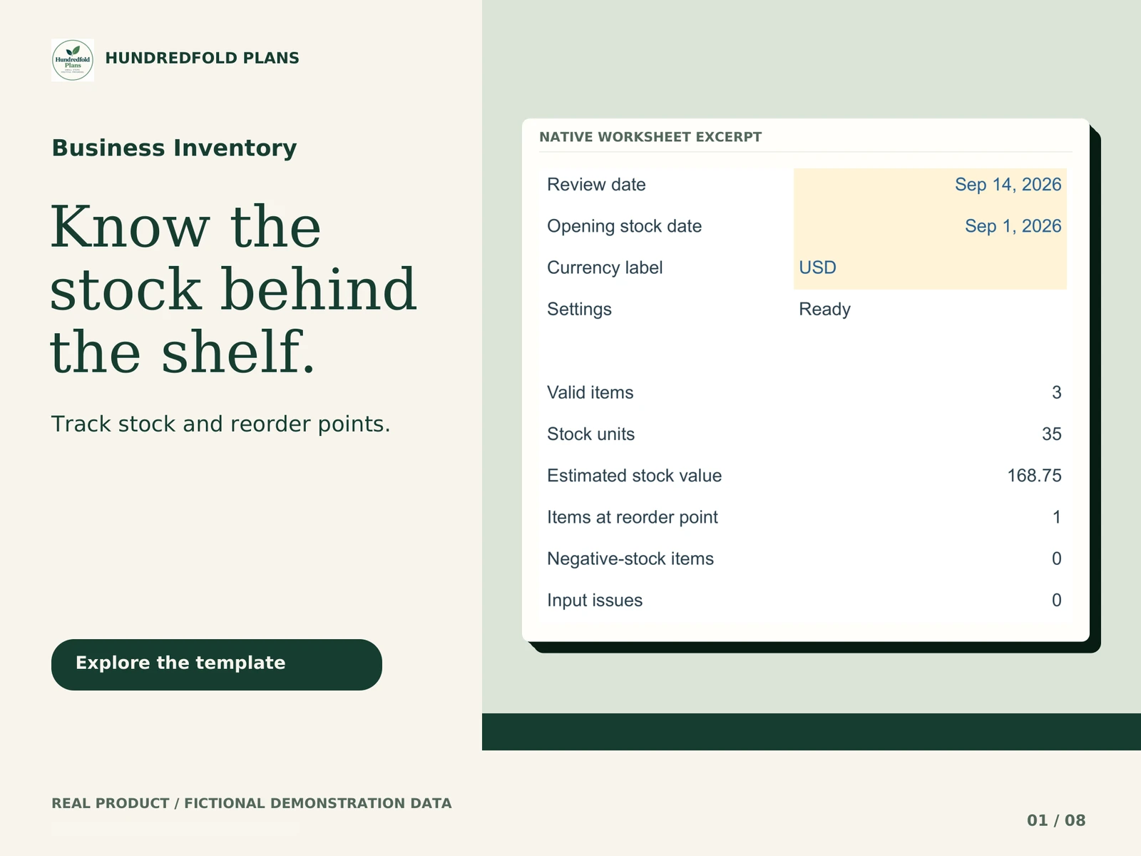 Business Inventory — Know the stock behind the shelf. Fictional product example.