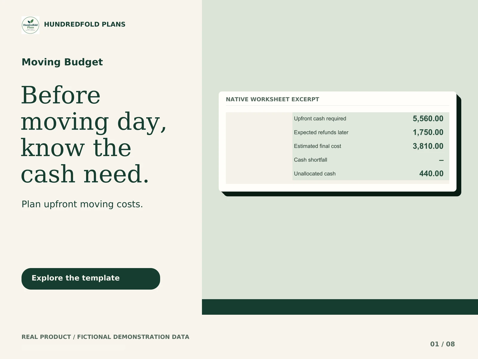 Moving Budget — Before moving day, know the cash need. Fictional product example.