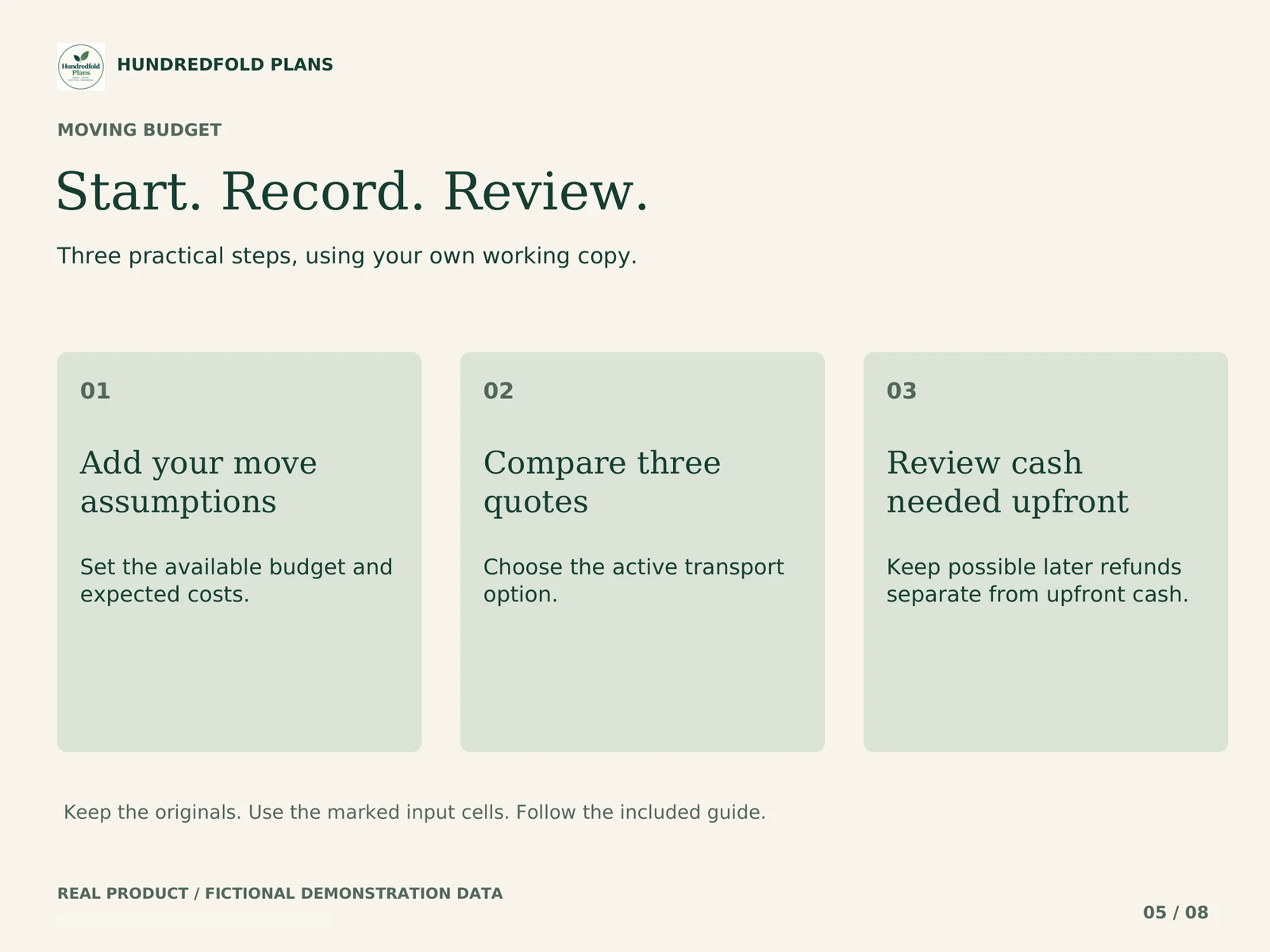 Moving Budget — Setup, entries and review workflow. Fictional product example.