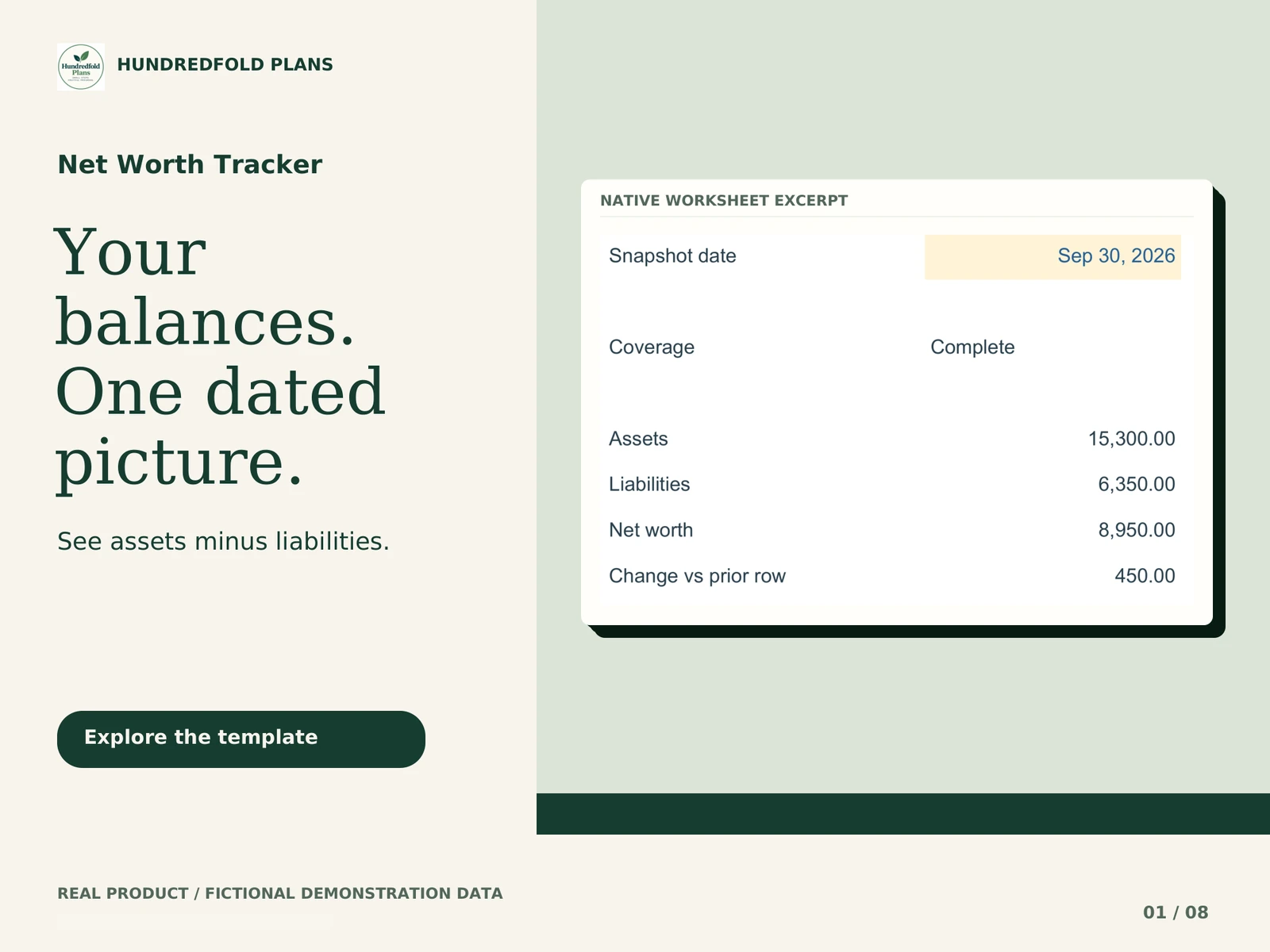 Net Worth Tracker — Your balances. One dated picture. Fictional product example.