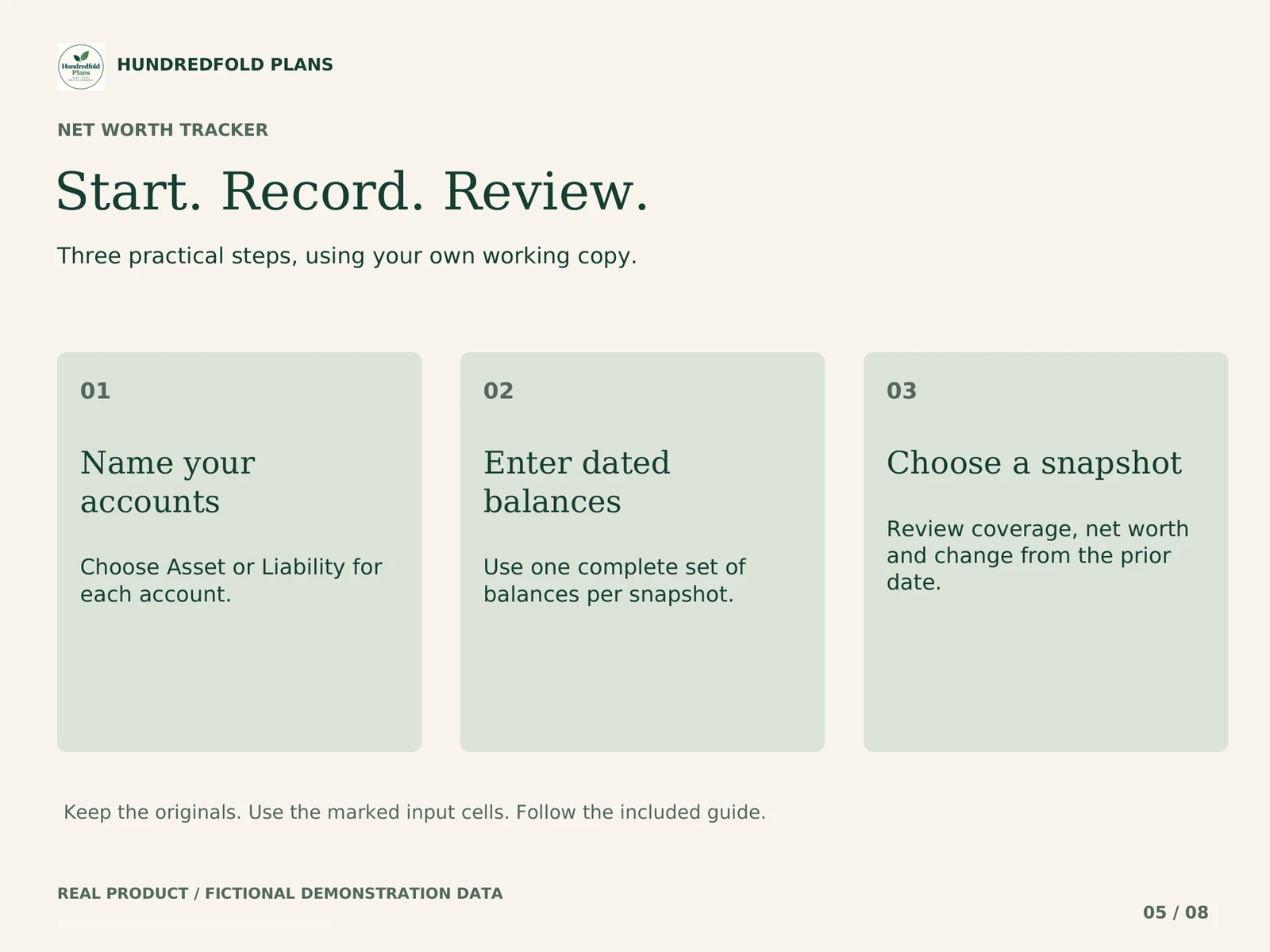 Net Worth Tracker — Setup, entries and review workflow. Fictional product example.