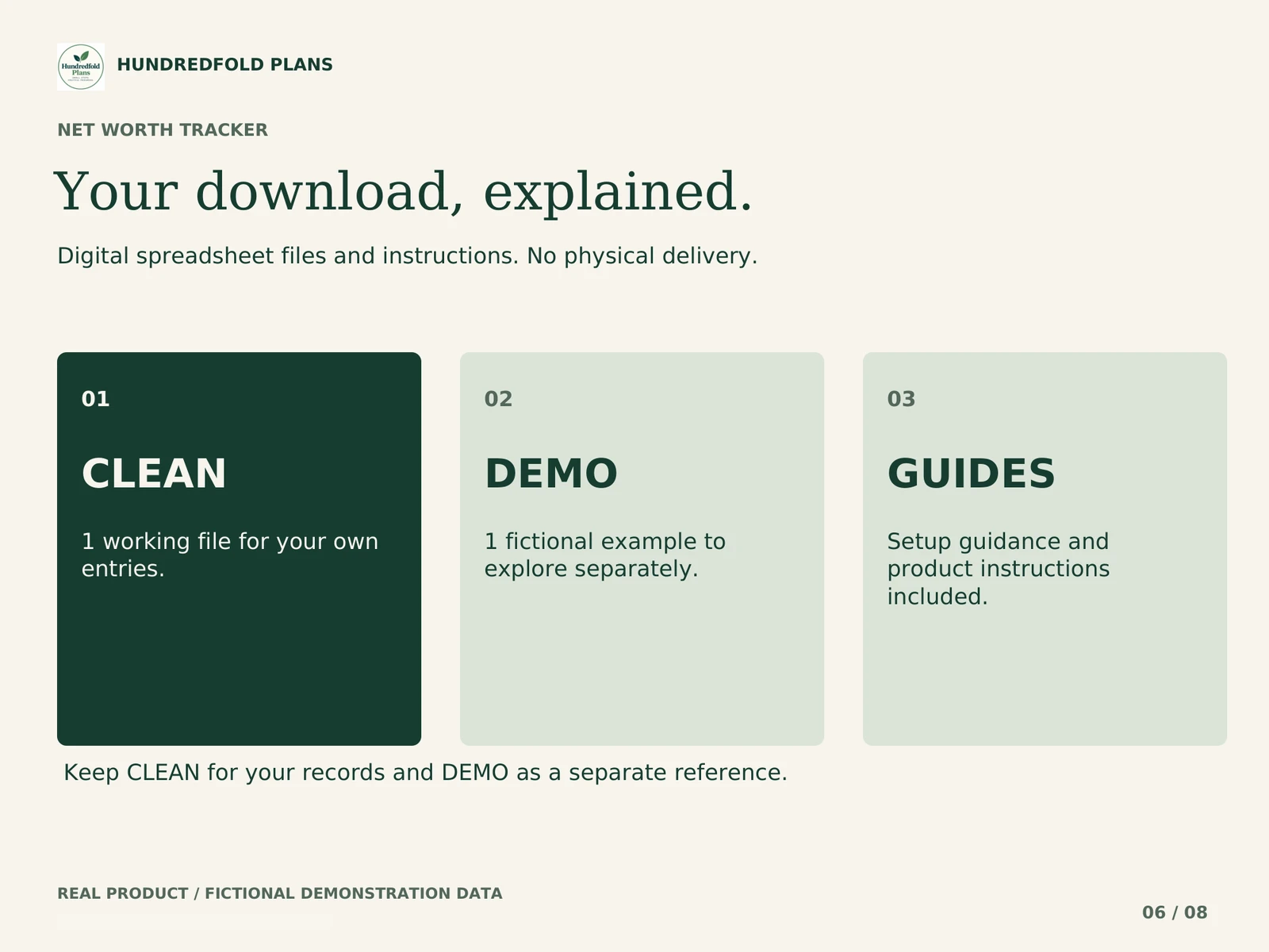 Net Worth Tracker — CLEAN files, fictional DEMO files and guides. Fictional product example.