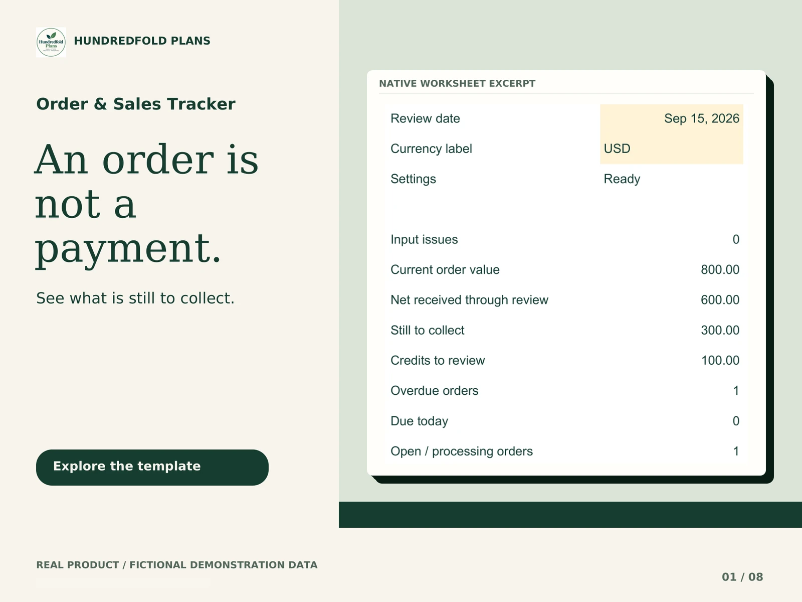Order & Sales Tracker — An order is not a payment. Fictional product example.