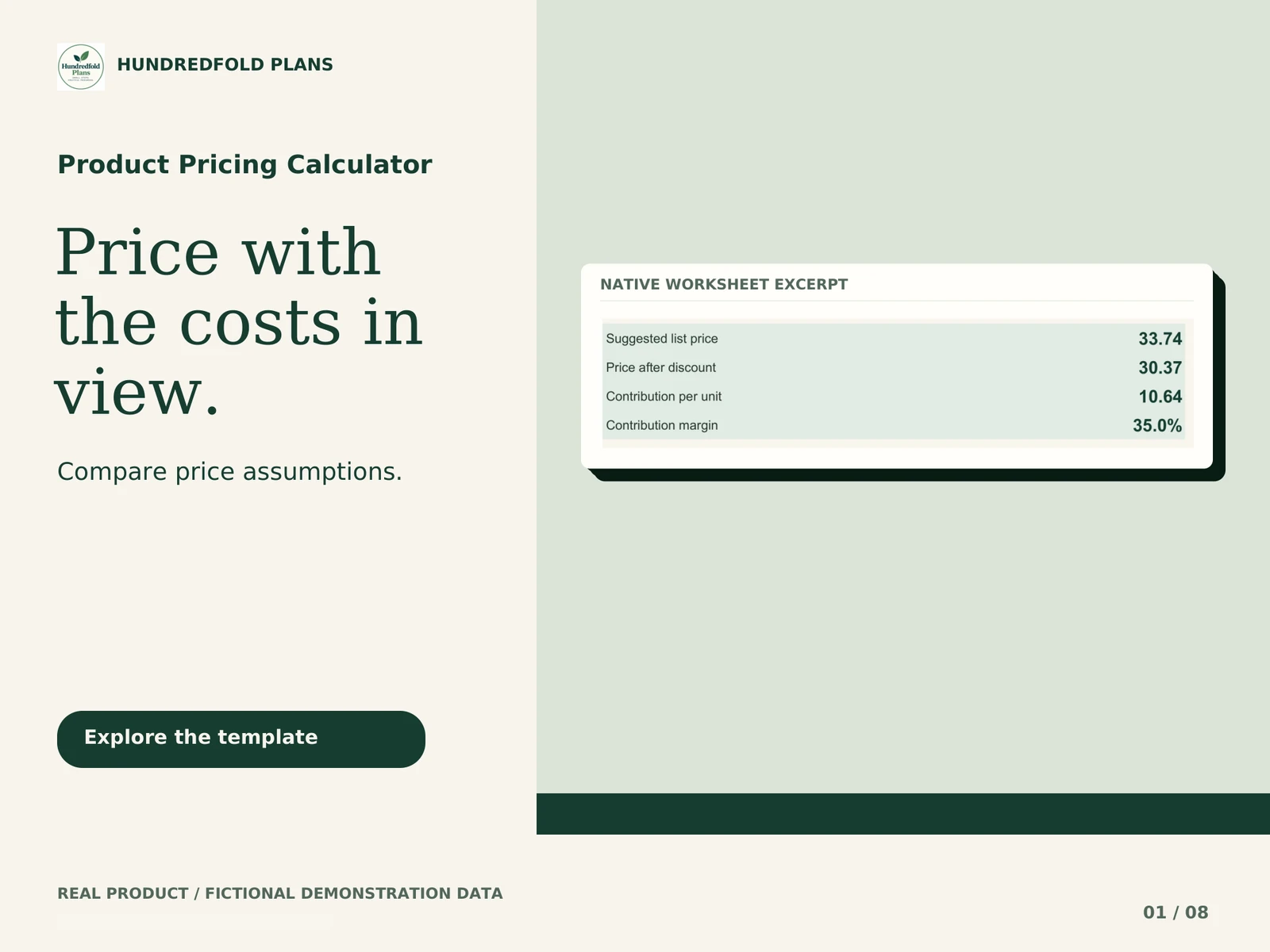 Product Pricing Calculator — Price with the costs in view. Fictional product example.