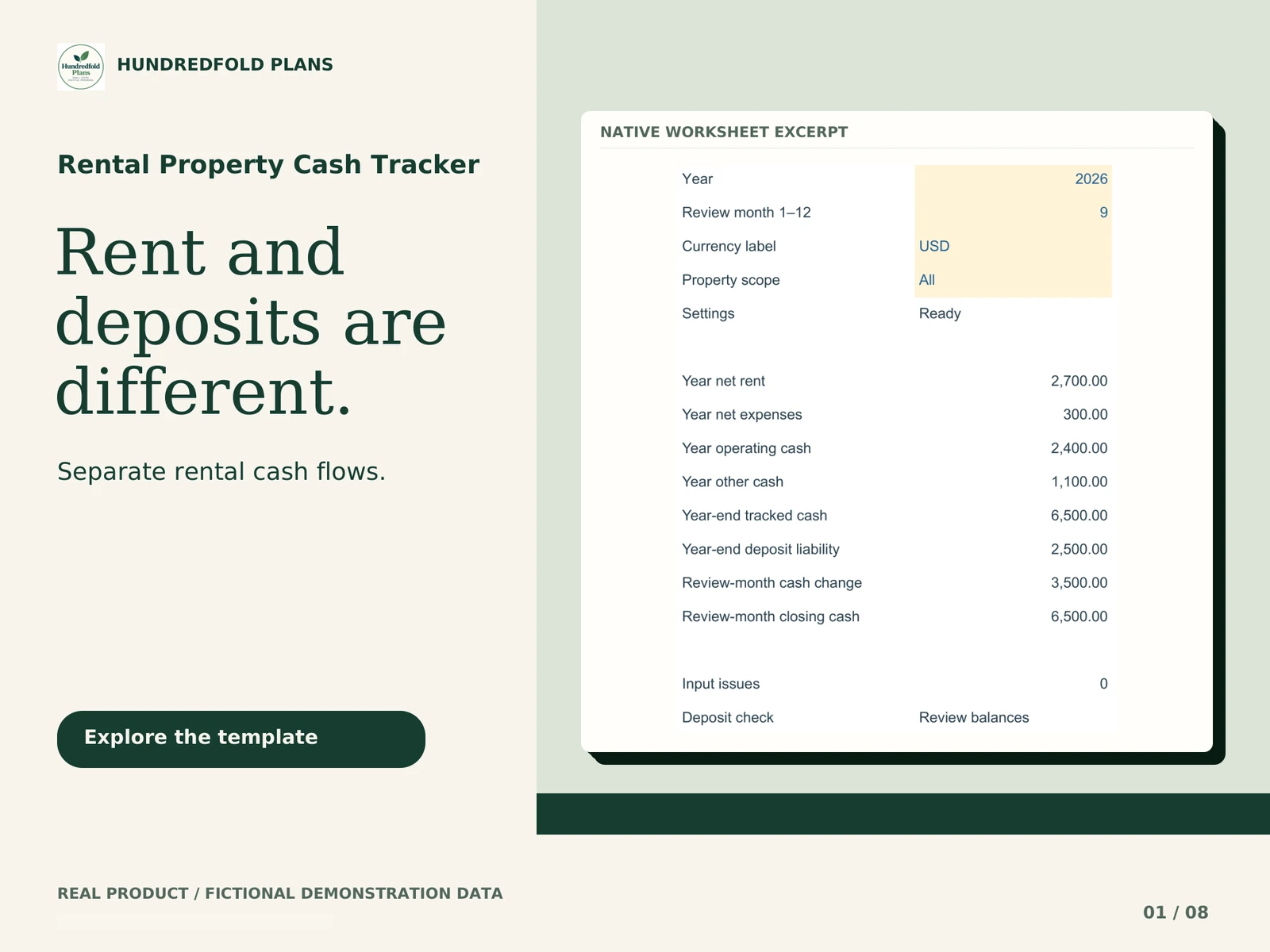 Rental Property Cash Tracker — Rent and deposits are different. Fictional product example.