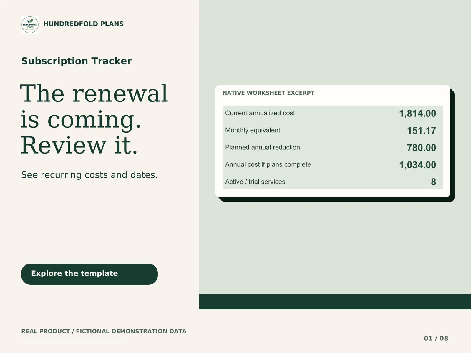Subscription Tracker — The renewal is coming. Review it. Fictional product example.
