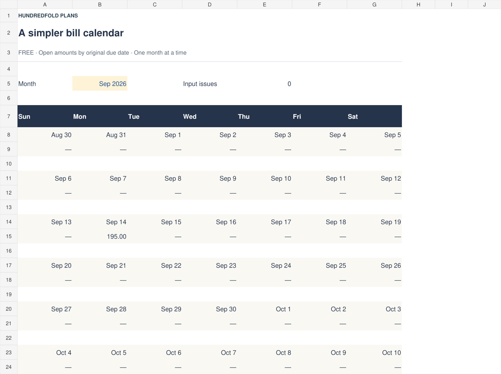 Free Bill Calendar with fictional open bills totaling 195 on September 14, 2026.
