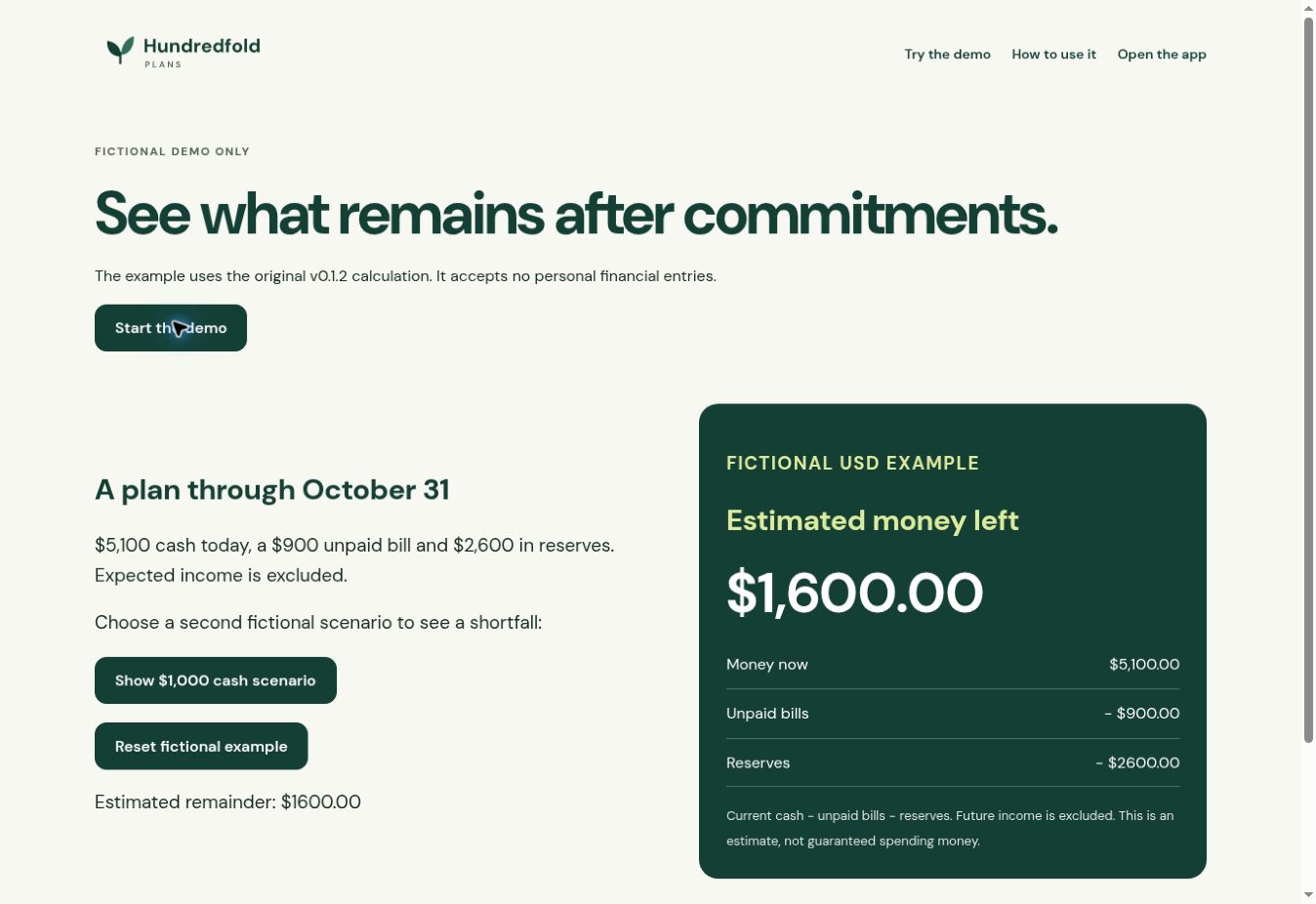 HFP demo showing a $2600 reserve subtracted once from $5100 current cash, with a separate $900 unpaid bill.